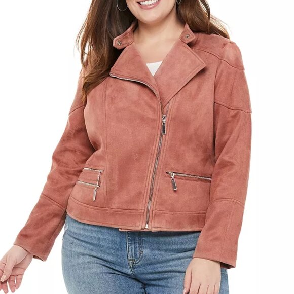 Evri Women's dusty Mauve Pink Faux Suede Motorcycle Jacket Size 1X Long … - Picture 1 of 15